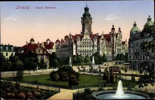 Ak Leipzig in Sachsen, Neues Rathaus, Gartenanlagen, Fontäne