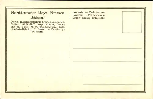 Ak Frachtdampfer Schlesien, Norddeutscher Lloyd Bremen