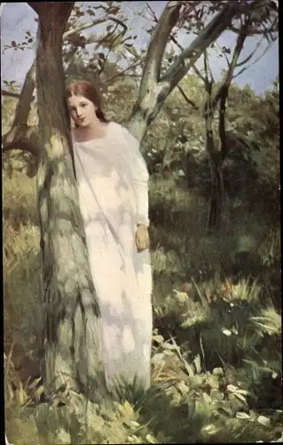 Künstler Ak Styka, Träumerei, Frau an einem Baum