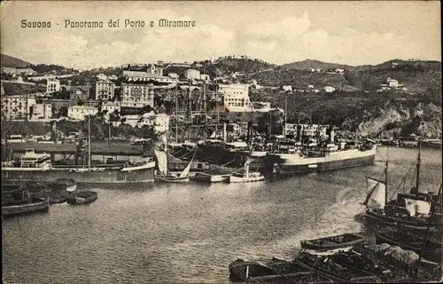 Ak Savona Liguria, Panorama, Hafen, Miramare