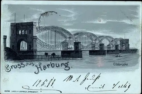 Mondschein Litho Hamburg Harburg, Elbbrücke bei Nacht