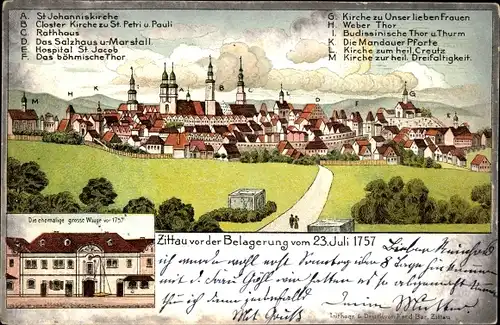 Litho Zittau in Sachsen, Zittau vor der Belagerung 23 07 1757, große Waage