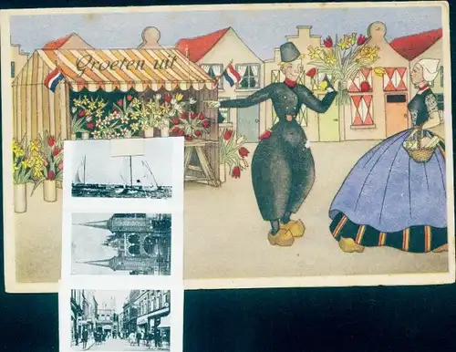 Leporello Ak Sneek Friesland Niederlande, Niederländische Tracht, Liebespaar, Geschenk, Kirche