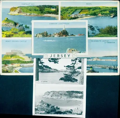 Leporello Ak Kanalinsel Jersey, Portelet Bay, Rozel, Mont Orgueil Castle, Corbiere Leuchtturm