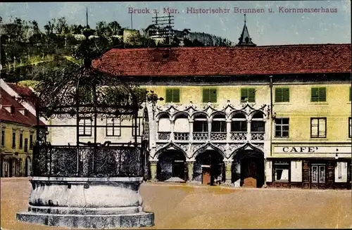 Ak Bruck an der Mur Steiermark, Historischer Brunnen, Kornmesserhaus