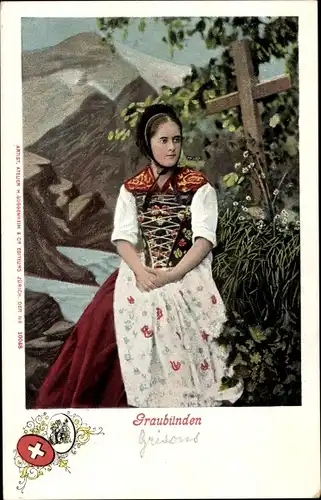 Ak Kanton Graubünden, Junge Frau in Volkstracht, Wappen