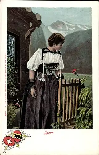 Ak Kanton Bern, Frau in schweizerischer Tracht, Kleid, Berge, Wappen