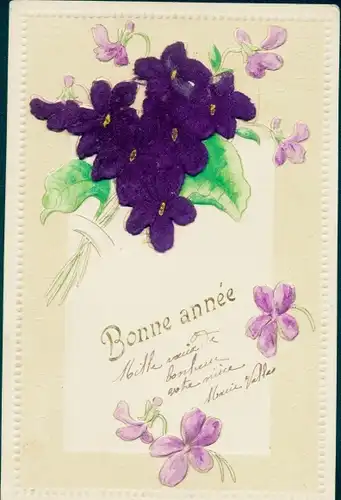 Stoff Präge Ak Glückwunsch Neujahr, Veilchenblüten