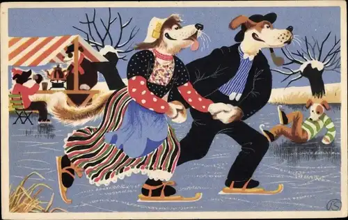 Ak Vermenschlichte Hunde in niederländischen Trachten beim Eislaufen