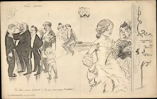 Künstler Ak Willette, Junge Frau mit Aufpasserin auf einem Ball, betrunkene Männer