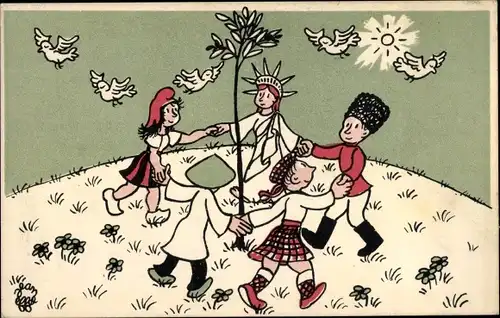 Ak Nationalallegorie, Kinder tanzen um einen Olivenbaum, USA, Schottland, Russland, Frankreich