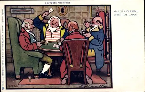 Künstler Ak Strellett, Männer am Tisch beim Kartenspielen, Garde a Carreau n'est pas Capot