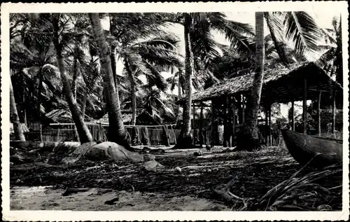 Ak Madagaskar, Teilansicht vom Dorf, Hütten, Palmen