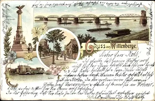 Litho Wittenberge an der Elbe, Elbbrücke, Hafen, Siegesdenkmal, Lenzener Straße