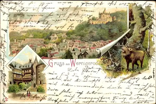 Litho Wernigerode im Harz, Panorama, Innenhof, Hirsch