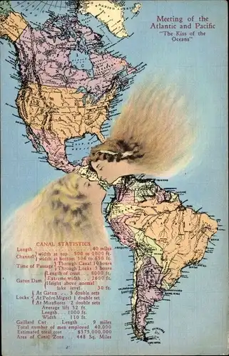 Landkarten Ak Meeting of the Atlantic and Pacific, The Kiss of the Oceans, Panama Kanal