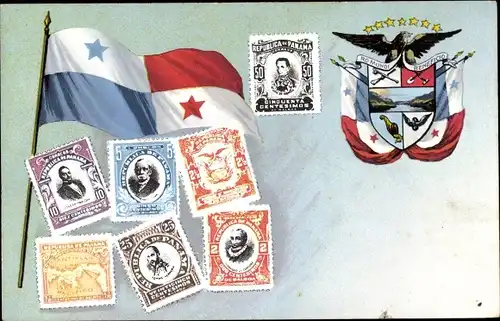 Briefmarken Wappen Ak Panama, Landesflagge, Adler