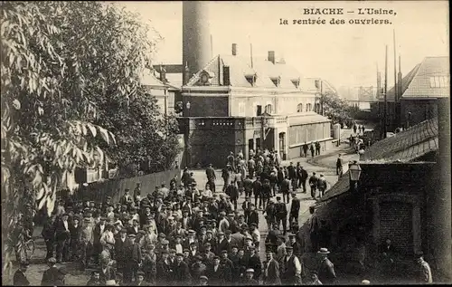 Ak Biache Saint Vaast Pas de Calais, L'Usine, la rentree des ouvriers