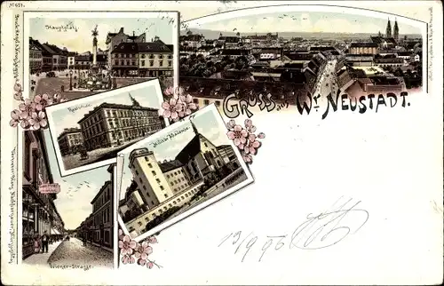 Litho Wiener Neustadt in Niederösterreich, Akademie, Realschule, Hauptplatz, Totalansicht