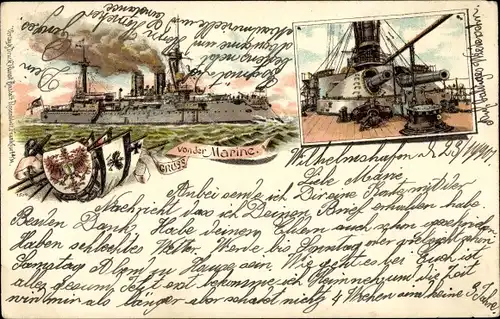 Litho Deutsches Kriegsschiff, Gruß von der marine, Geschütztürme