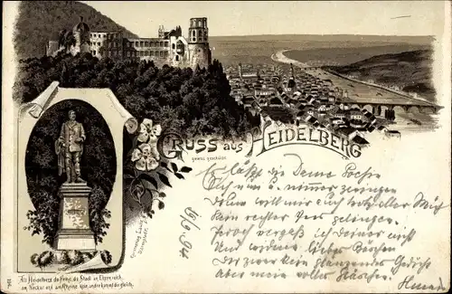 Vorläufer Litho Heidelberg am Neckar, Panorama, Scheffel Denkmal, 1894