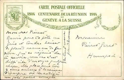 Künstler Ak Genève Genf, Porte de Rive, colonel de Girard, Centenaire de la Reunion 1914