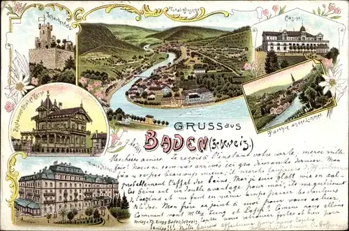 Litho Baden Kanton Aargau Schweiz, Totale, Casino, Hotel, Restaurant, Fluss