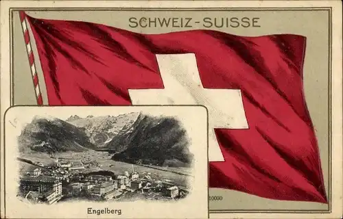 Präge Passepartout Ak Engelberg Kanton Obwalden Schweiz, Totalansicht, Landesflagge