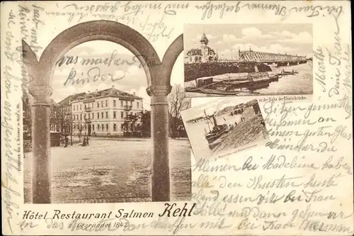 Ak Kehl am Rhein, Rheinbrücke, Hotel Restaurant Salmen