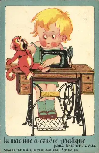 Ak Reklame, Singer Nähmaschine, Mädchen flickt Plüschtier