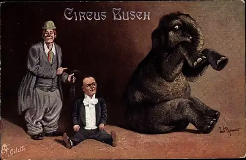 Künstler Ak Thomas, Paul, Zirkus Busch, Elefant, Liliputaner, Clown, Tuck