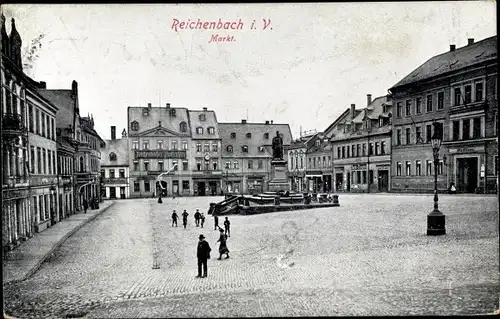 Ak Reichenbach im Vogtland, Geschäfte und Gasthöfe am Markt, Denkmal