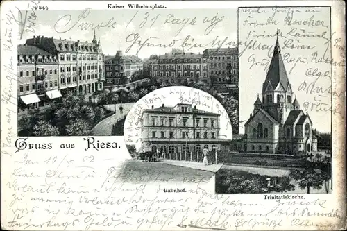 Ak Riesa an der Elbe Sachsen, Trinitatiskirche, Kaiser Wilhelmplatz, Bahnhof