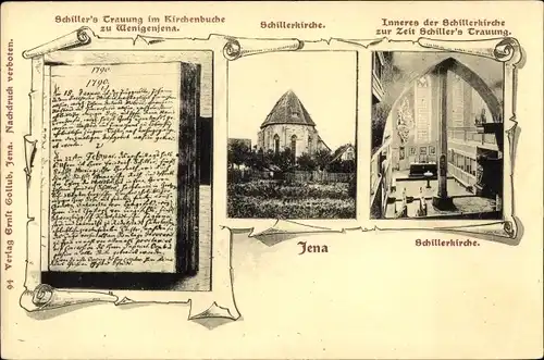 Passepartout Ak Jena in Thüringen, Schillerstätten, Schillerkirche, Schillers Trauungsurkunde