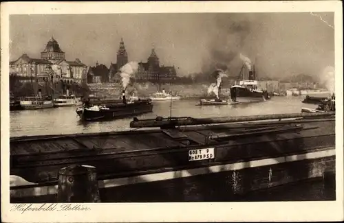 Ak Szczecin Stettin Pommern, Hafenpartie, Dampfer, Frachtschiff