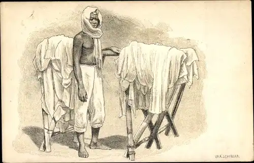 Litho Indonesien, Mann macht Wäsche, Wäscheständer