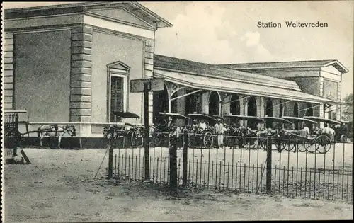 Ak Weltevreden Batavia Jakarta Indonesien, Bahnhof, Rikscha