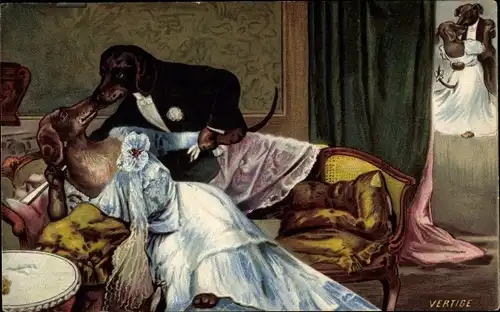 Künstler Ak Hunde als Liebespaar, Kuss, Hunde als Tanzpaar