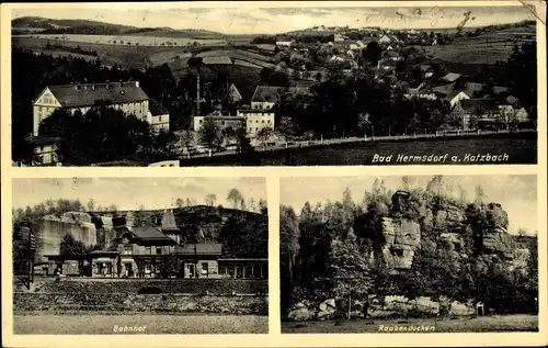 Ak Jerzmanice Zdrój Bad Hermsdorf an der Katzbach Niederschlesien, Panorama, Bahnhof, Rabenfelsen