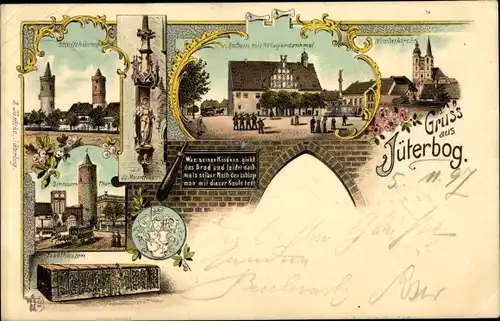 Litho Jüterbog in Brandenburg, Stadttürme, Zinnauer Tor, Tenzelkasten, Rathaus, Nicolaiturm