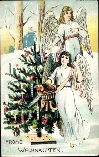Künstler Ak Frohe Weihnachten, Engel, Tanne, Lebkuchen