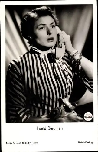 Ak Schauspielerin Ingrid Bergman, Gloria Film Angst, Telefon, Casablanca