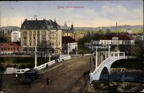 Ak Gera in Thüringen, Heinrichsbrücke, Straßenbahn