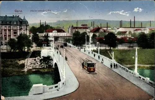 Ak Gera in Thüringen, Heinrichsbrücke, Straßenbahn