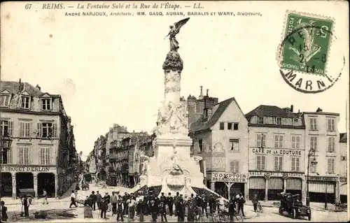 Ak Reims Marne, La Fontaine Sube et la Rue de l'Etape