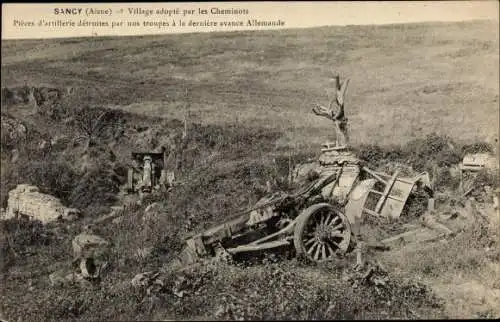 Ak Sancy les Cheminots Aisne, Dorf wird von den Cheminots übernommen, Artilleriegeschütz zerstört