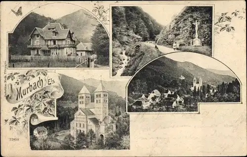 Ak Murbach Haut Rhin, Totalansicht, Kirche, Kreuz, Gasthaus