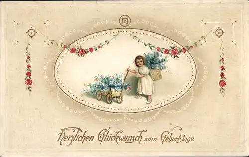 Präge Ak Glückwunsch Geburtstag, Mädchen, Blumen, Vergissmeinnicht