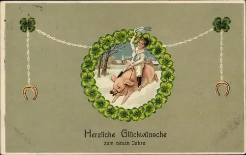 Präge Ak Glückwunsch Neujahr, Kind, Schwein, Glücksklee, Hufeisen