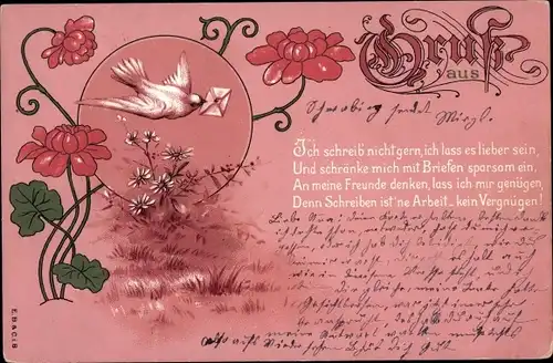 Jugendstil Litho Taube mit Brief im Schnabel, Blumen